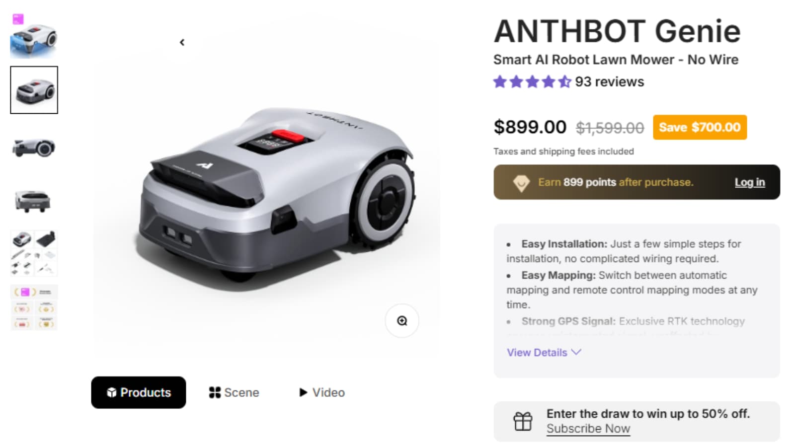 ANTHBOT Genie 3000 robot lawn mower deal proof showing Save $700 from $1,599.00 to $899.00