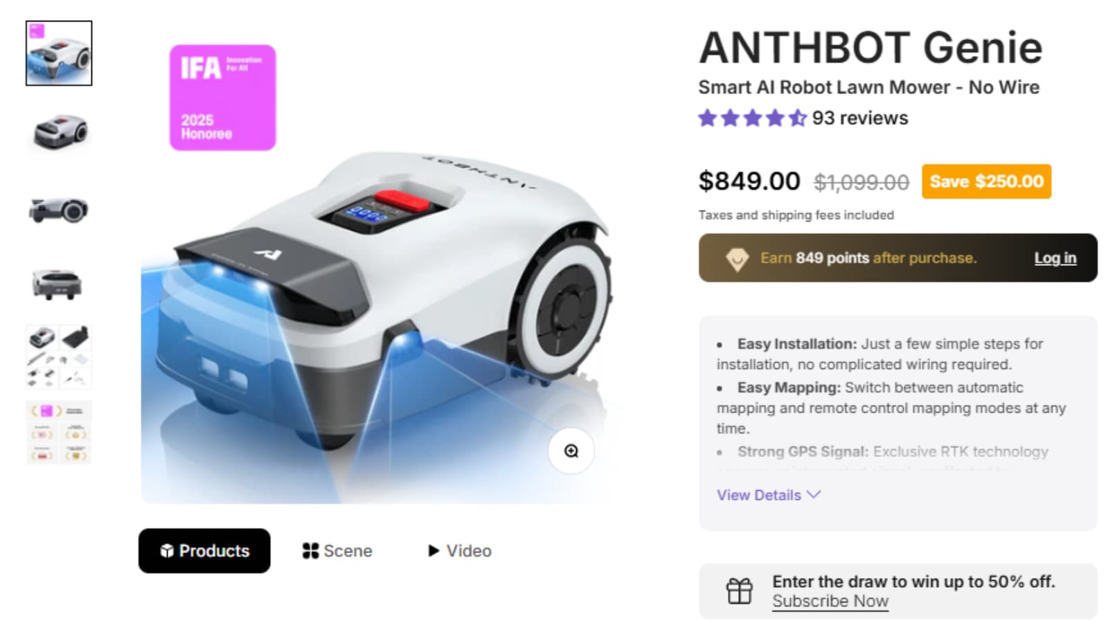 ANTHBOT Genie robot lawn mower deal showing Save $250 from $1,099.00 to $849.00