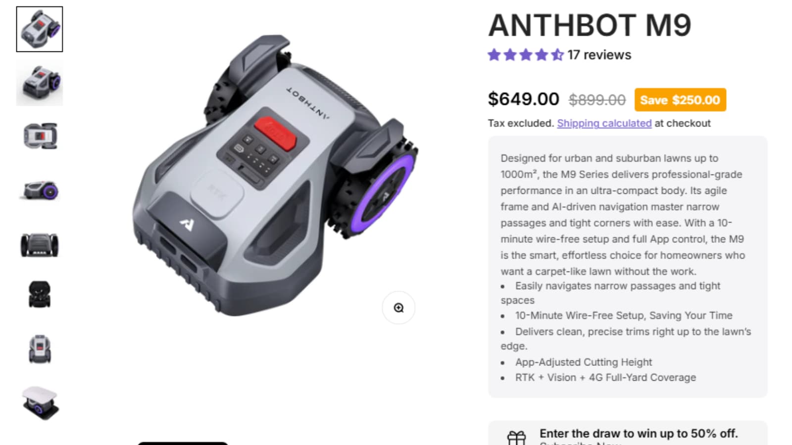 ANTHBOT M9 robot lawn mower deal showing Save $250 from $899.00 to $649.00