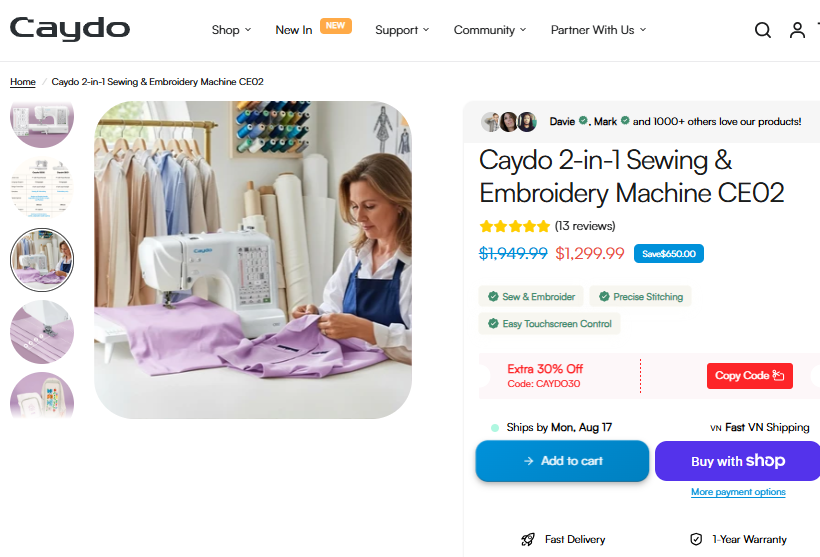 Caydo CE02 product page showing a price drop from $1,949.99 to $1,299.99 and code CAYDO30