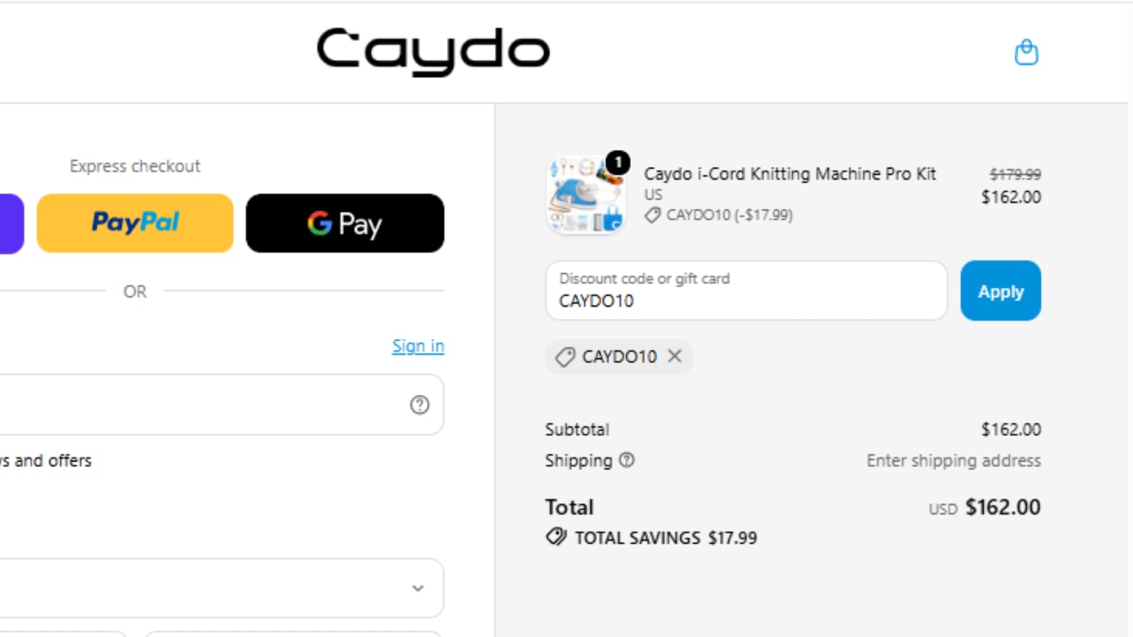 CAYDO10 coupon code proof for Caydo i-Cord Knitting Machine Pro Kit