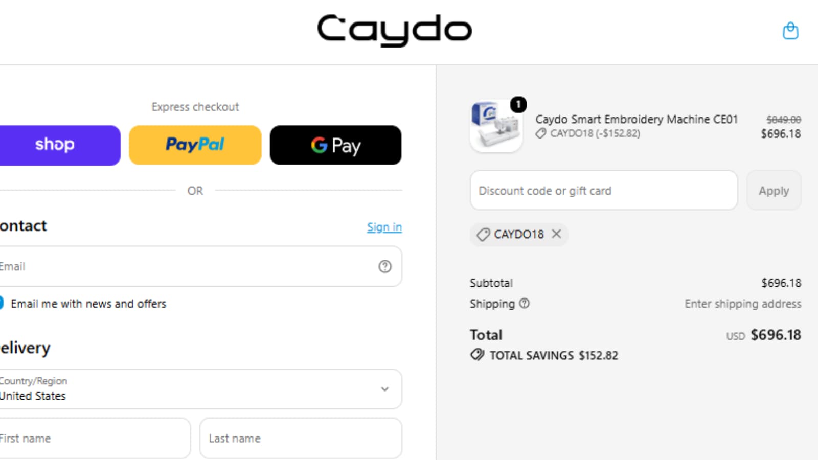 CAYDO18 coupon code proof for Caydo CE01 embroidery machine