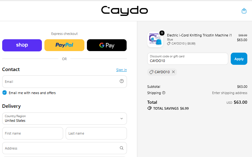 Caydo checkout showing CAYDO10 reducing the Electric i-Cord Machine i1 from $69.99 to $63.00