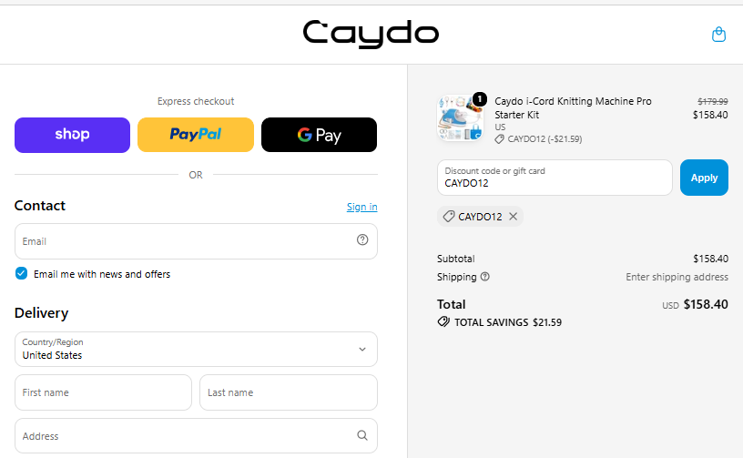 Caydo checkout showing CAYDO12 reducing the i-Cord Pro Starter Kit from $179.99 to $158.40