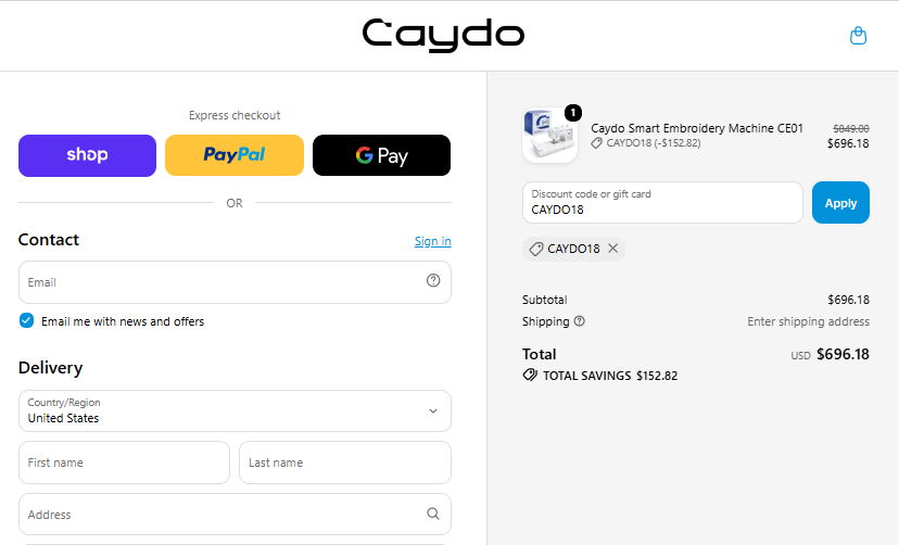 Caydo checkout showing CAYDO18 reducing CE01 from $849.00 to $696.18