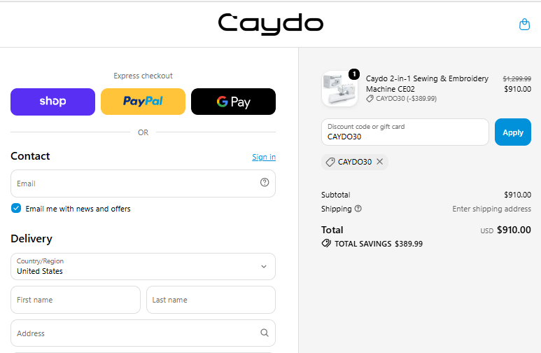 Caydo checkout showing CAYDO30 reducing the CE02 sale price from $1,299.99 to $910.00
