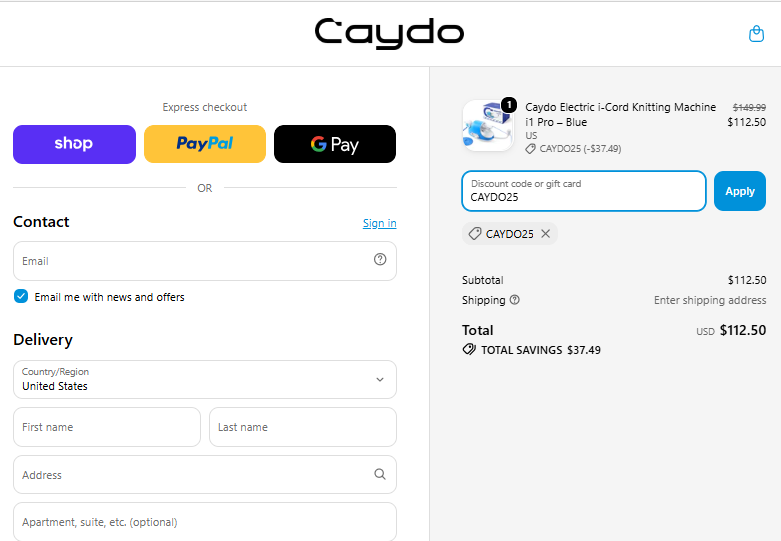 Caydo checkout showing CAYDO25 reducing the i1 Pro from $149.99 to $112.50