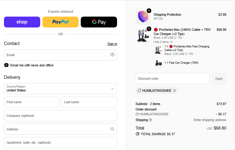HUMILIATINGSHEE checkout proof for ProSeries Max Cable + Car Charger
