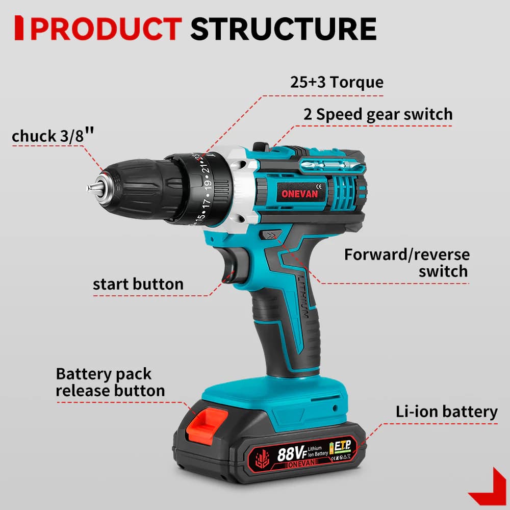 ONEVAN 0.8-10mm cordless impact drill electric screwdriver set deal