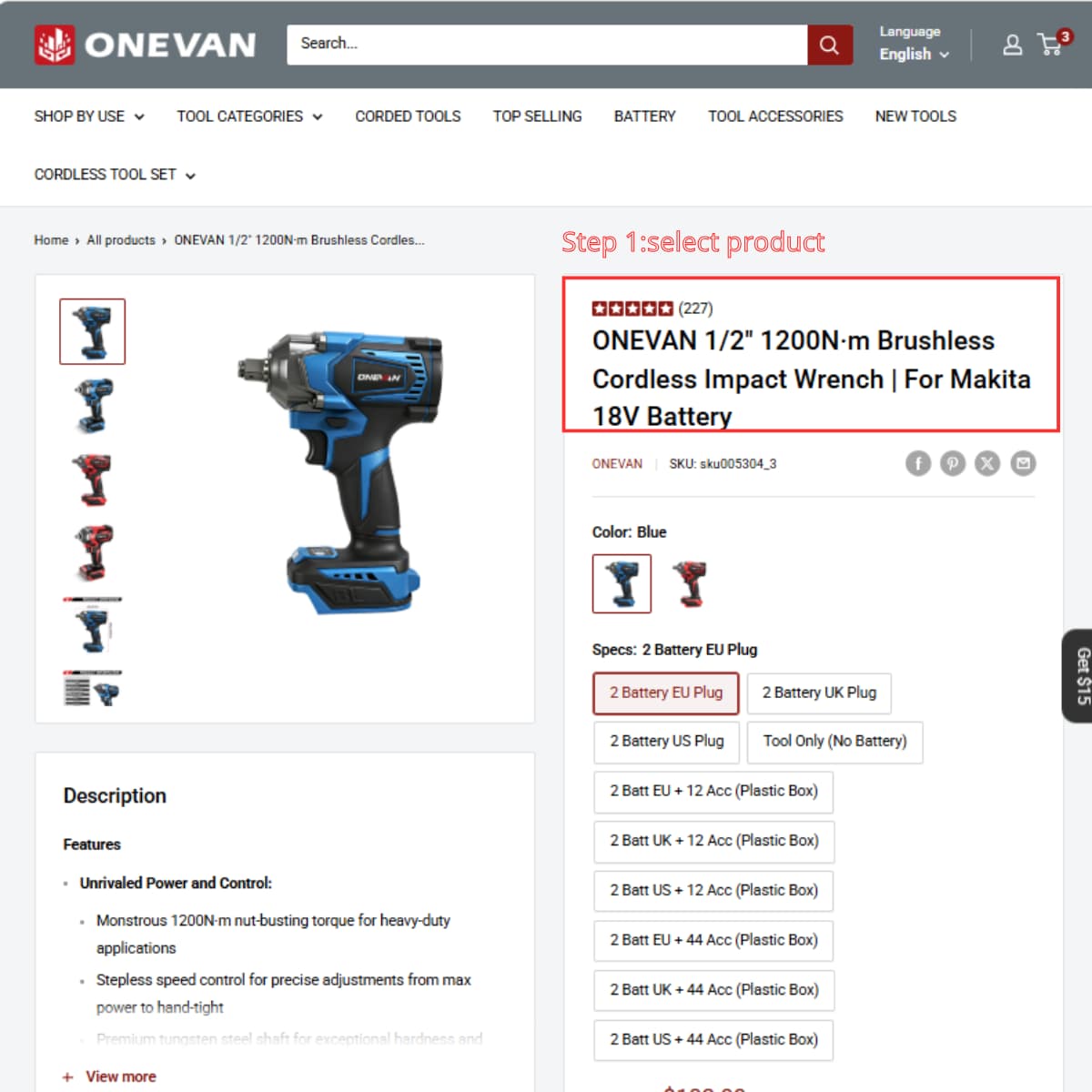 ONEVAN store select configuration and add power tools to cart