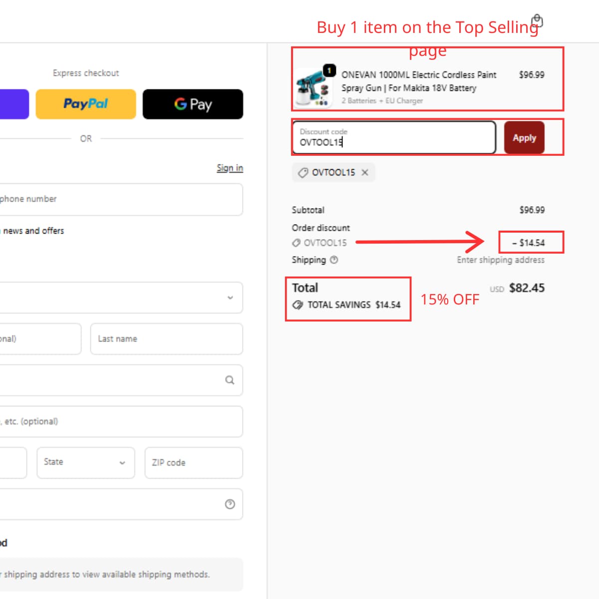ONEVAN cart processing showing OVTOOL15 code insertion