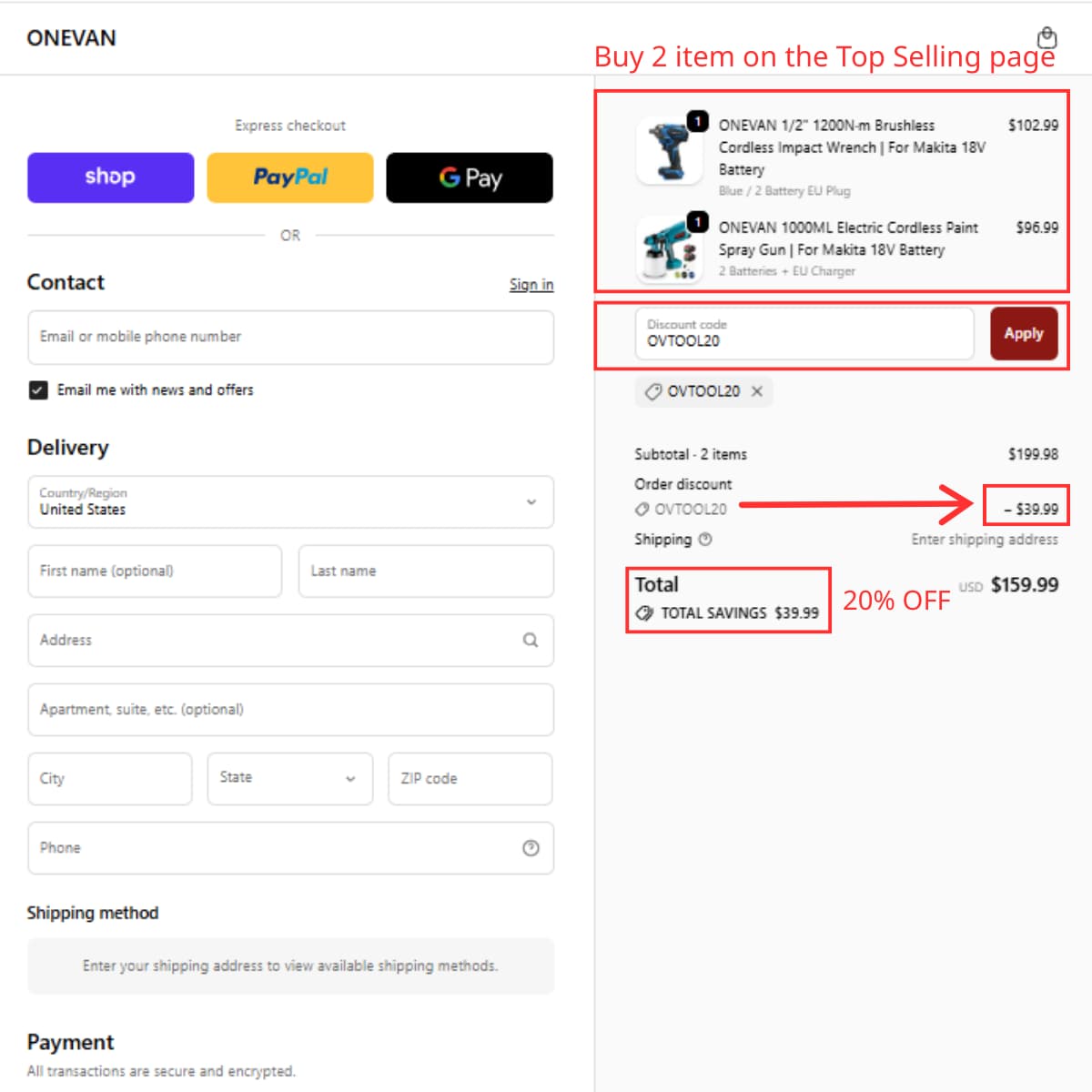 ONEVAN checkout flow executing OVTOOL20 coupon code parameters