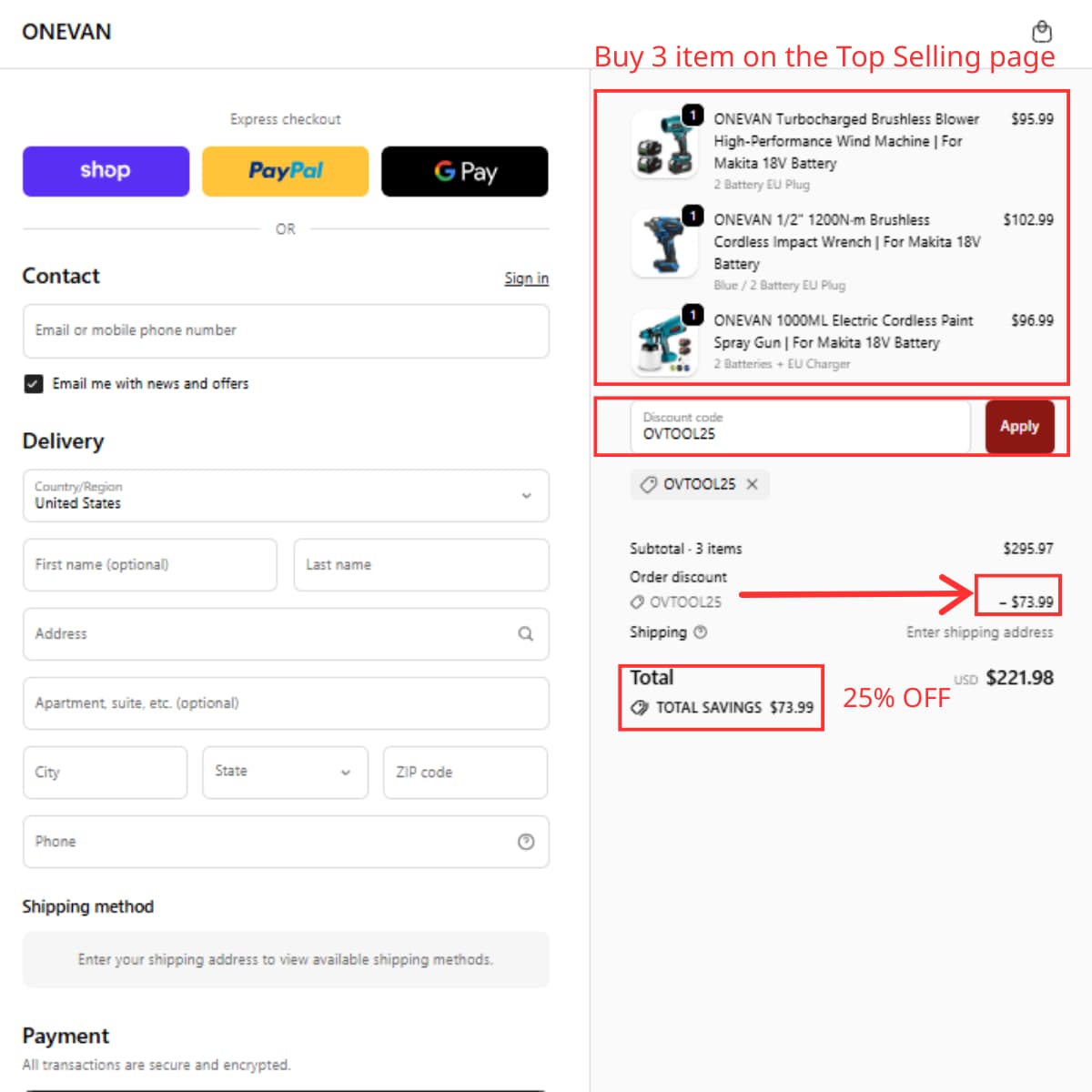 ONEVAN finalized secure checkout verifying OVTOOL25 maximum reduction