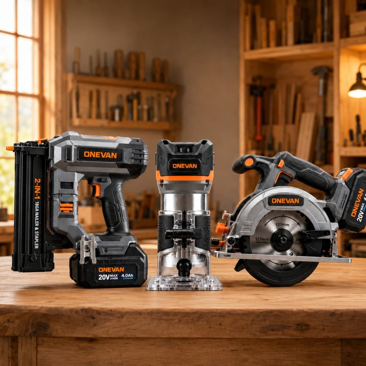 ONEVAN woodworking cordless family options featuring key tool components