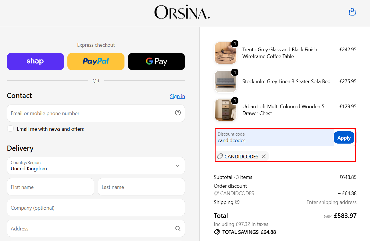 ORSINA discount code CANDIDCODES 10 percent off furniture checkout proof