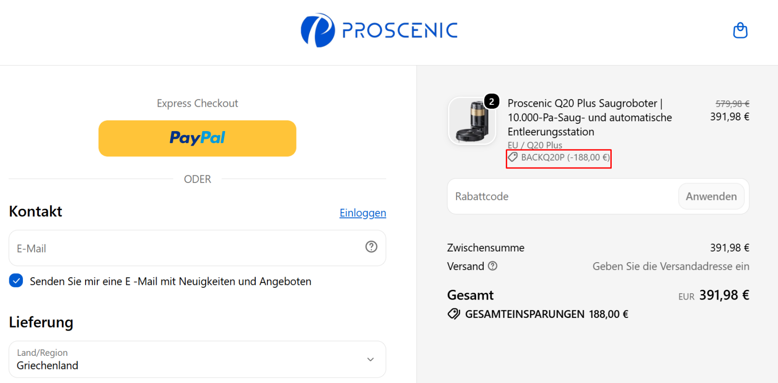 Proscenic discount code BACKQ20P 188 euro off Q20 Plus robot vacuum checkout proof