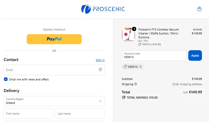 NEW10 checkout proof saving 10 euros on a Proscenic order