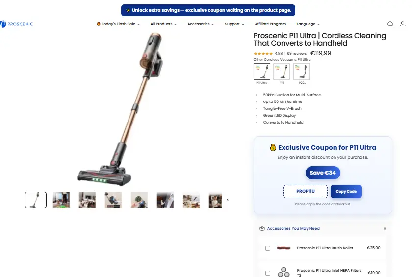 Proscenic P11 Ultra product page showing PROP11U coupon