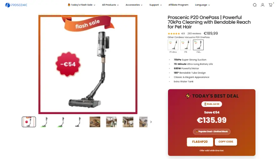 Proscenic P20 OnePass flash sale showing FLASHP20