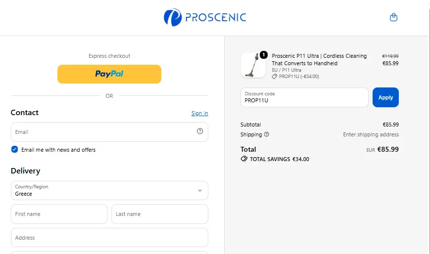 Checkout verification showing PROP11U saving 34 euros
