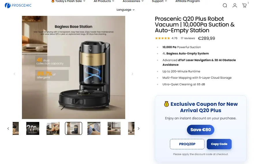 Proscenic Q20 Plus product page showing PROQ20P coupon
