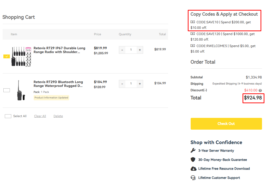 Retevis shopping cart showing promo code SAVE10 spend 200 get 10 dollars off