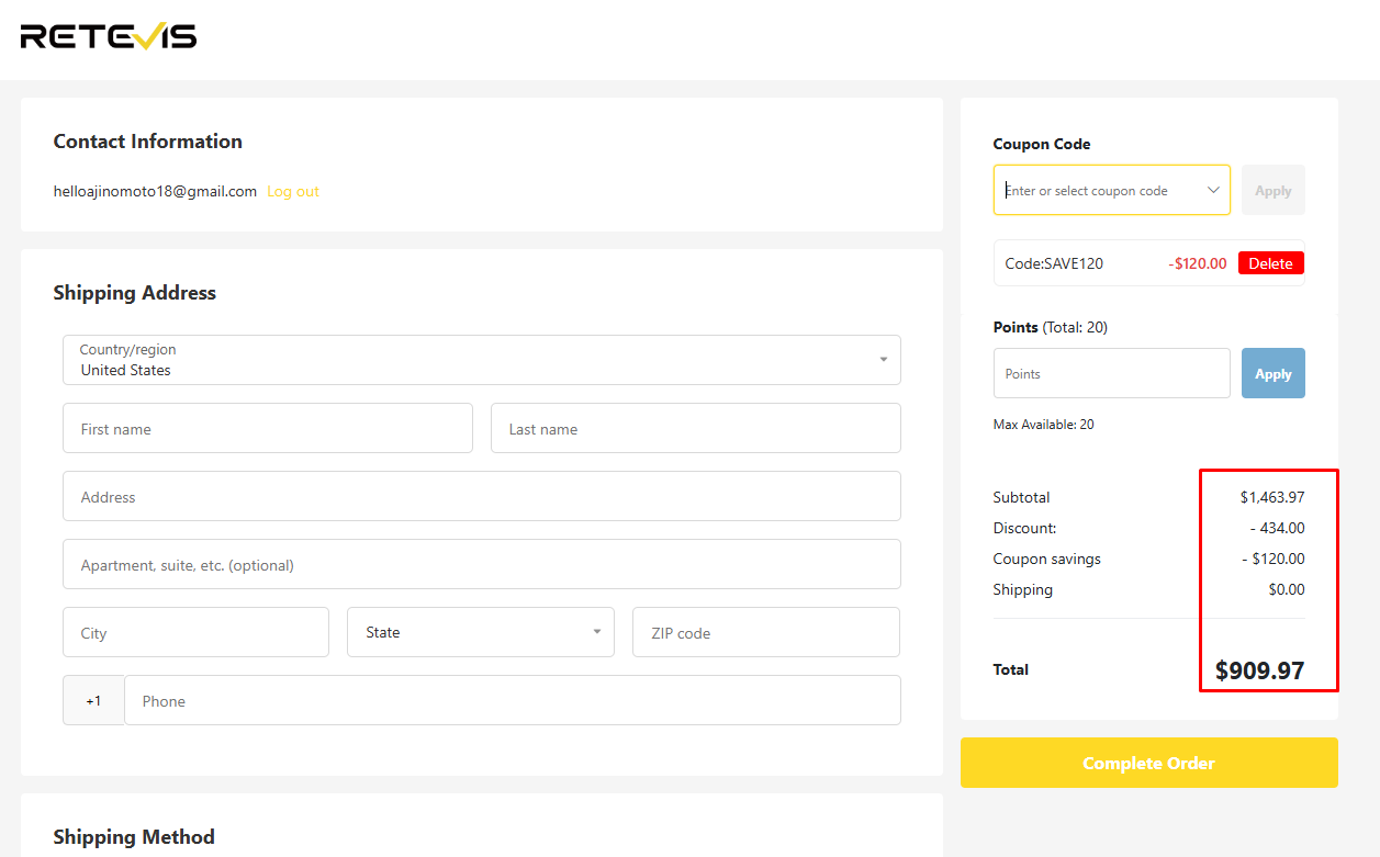 Retevis checkout screen showing promo code SAVE120 applied saving 120 dollars on RT29 radios