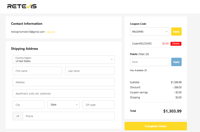 WELCOME5 Retevis checkout proof showing 5 dollars saved and a 1791.98 dollar total