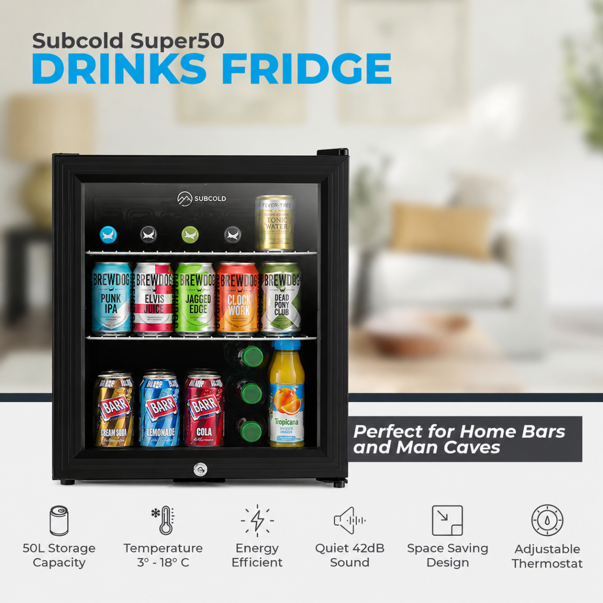 Subcold Super50 LED Beer Fridge product page showing sale price, customer rating, size options, and product details