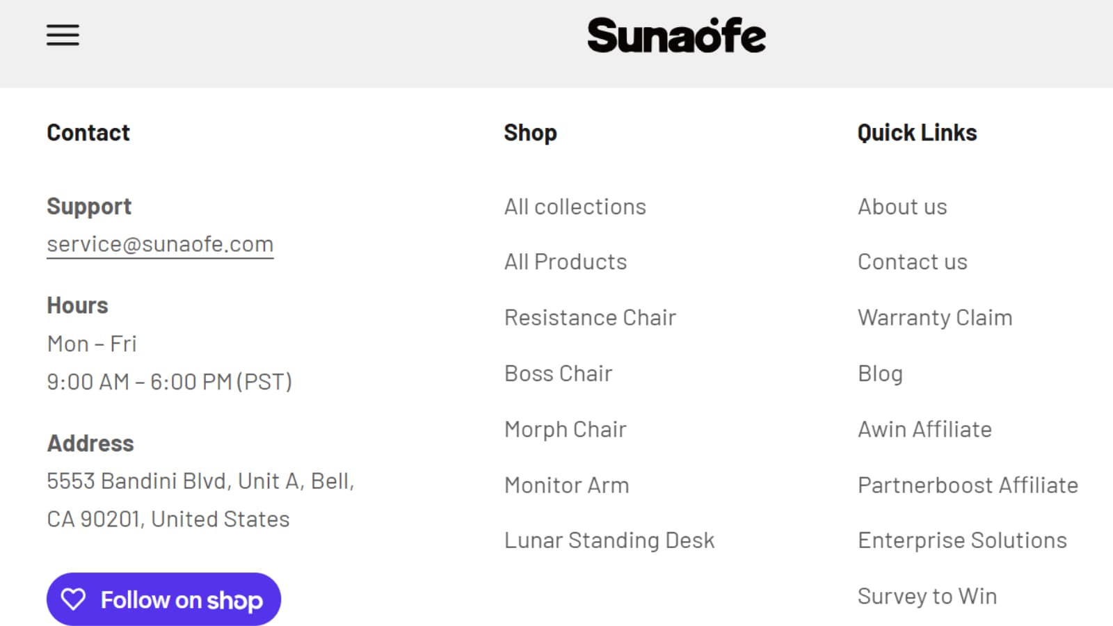 Sunaofe trust proof showing free shipping customer service 60-day trial secure checkout and policy links