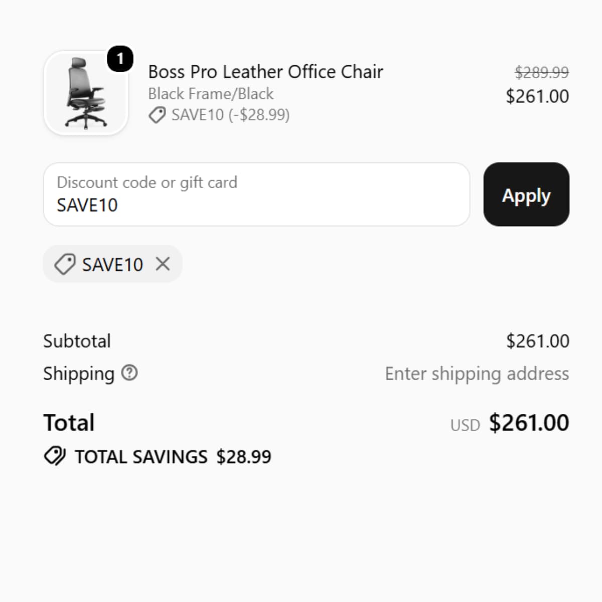 Sunaofe checkout showing SAVE10 applied to Boss Pro, reducing $289.99 to $261.00