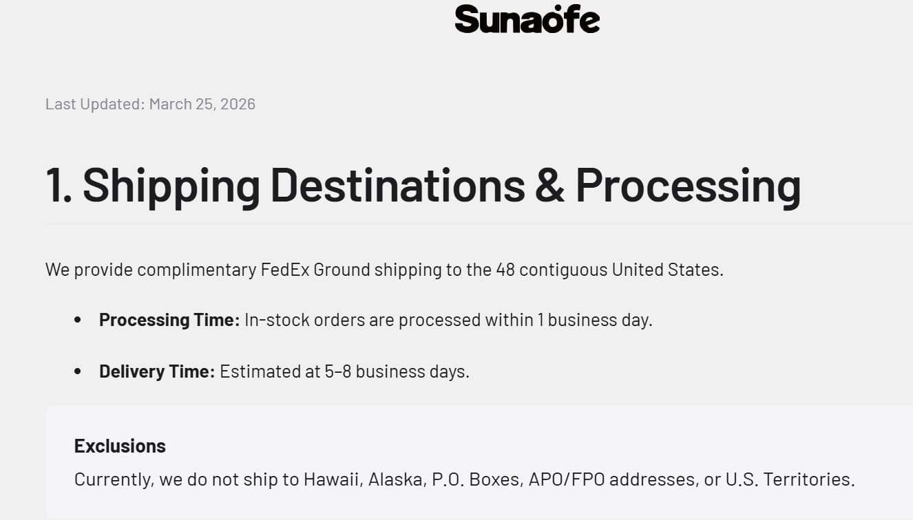 Sunaofe shipping policy proof showing FedEx Ground shipping, processing time, delivery time and exclusions