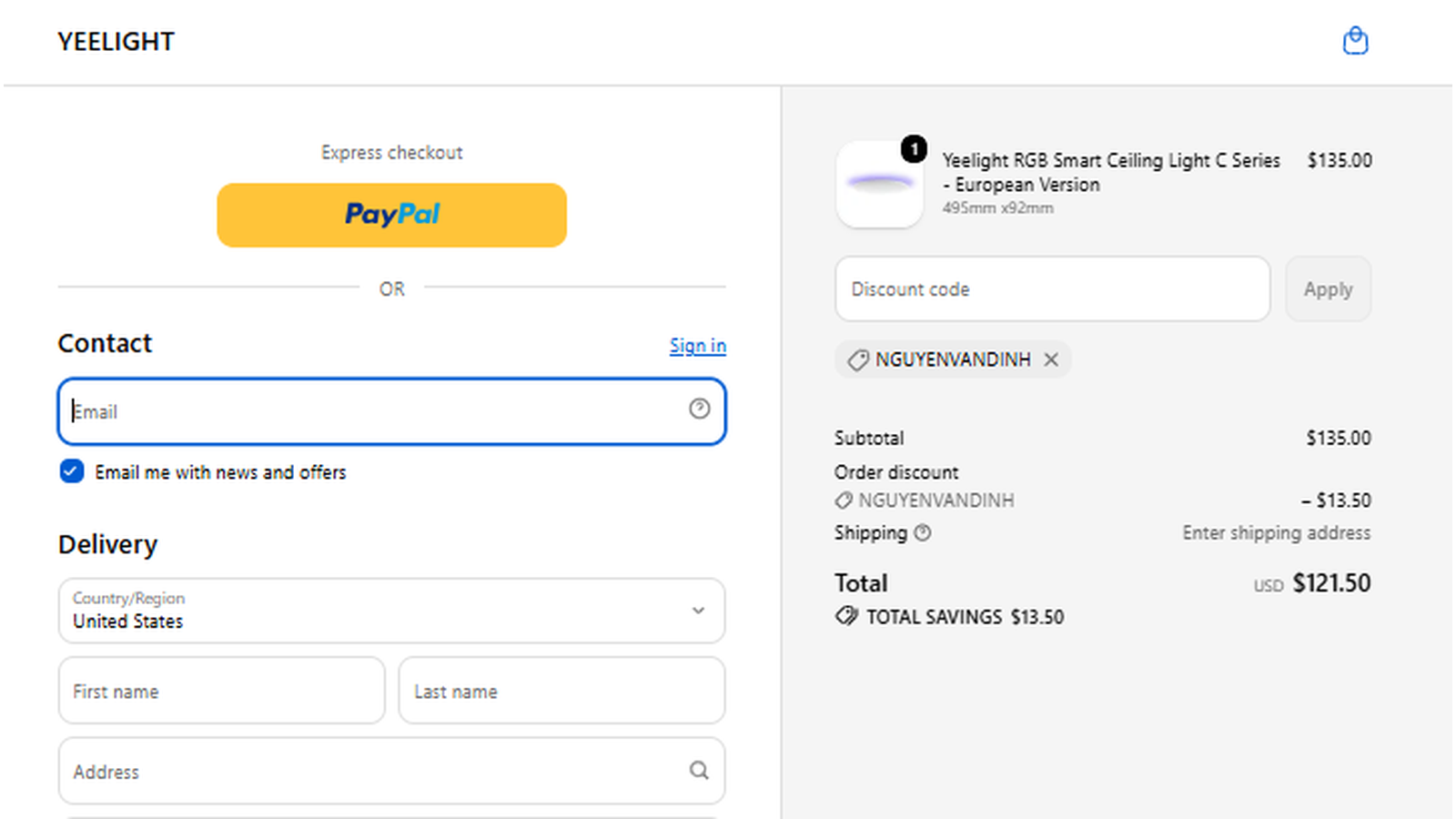 Yeelight NGUYENVANDINH checkout proof showing 10 percent off a 135 dollar RGB Smart Ceiling Light order