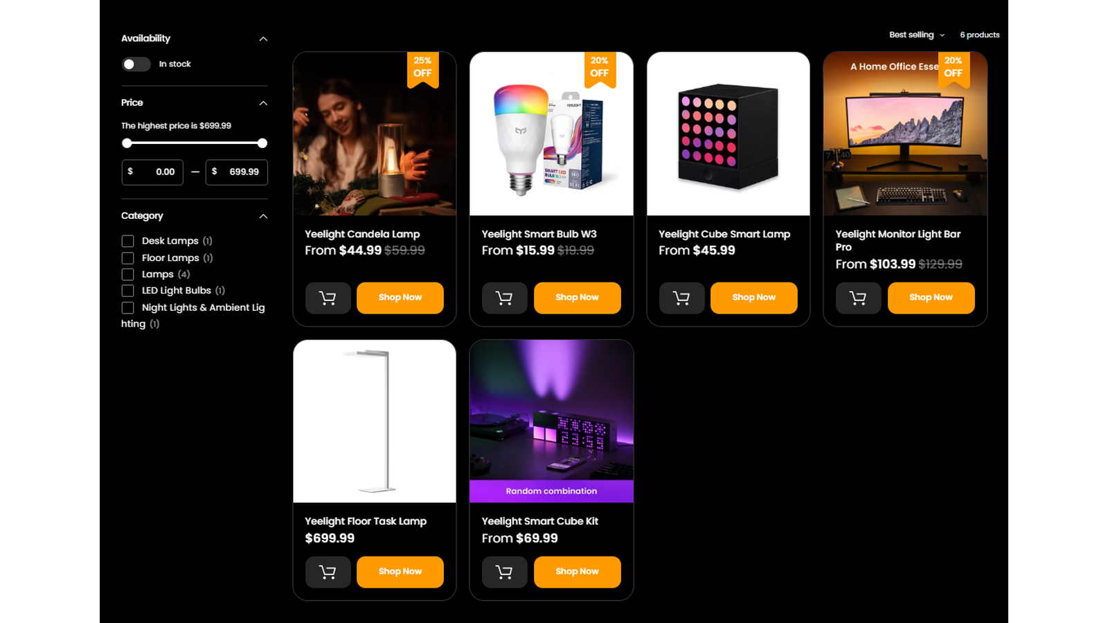 Yeelight Top Sellers category showing lighting products with discounts up to 25 percent