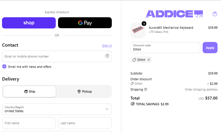 DINH checkout proof for Aurora65 Mechanical Keyboard