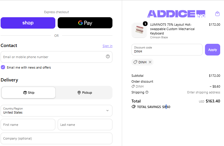 DINH checkout proof for LUMINO75 keyboard