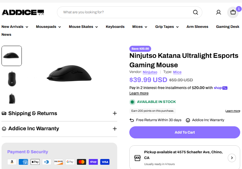 Ninjutso Katana Ultralight Esports Gaming Mouse sale price proof