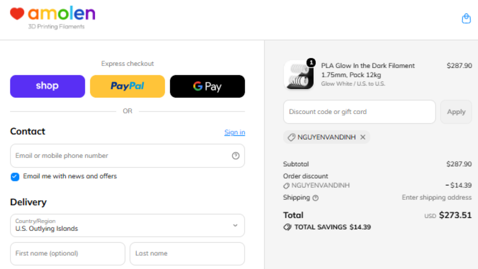 Amolen NGUYENVANDINH coupon code checkout proof for 5% off PLA Glow 12-pack