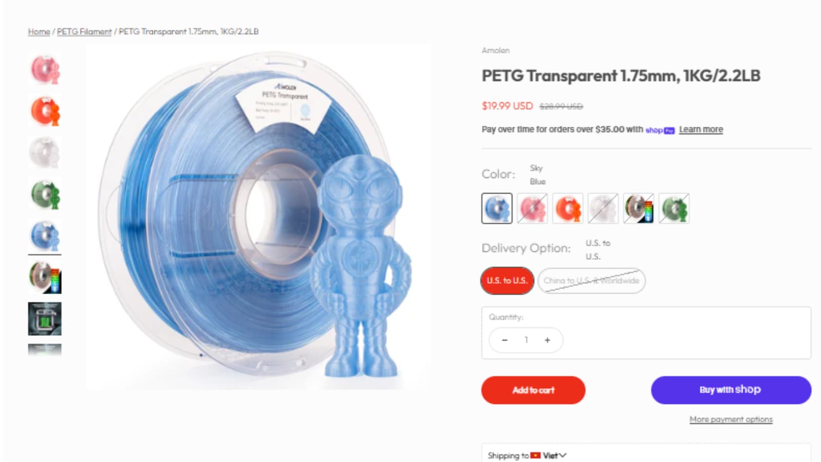 Amolen PETG Transparent Filament deal proof showing $19.99 sale price and $28.99 original price before NGUYENVANDINH coupon
