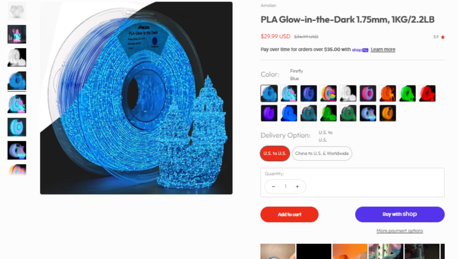 Amolen PLA Glow-in-the-Dark Filament deal proof showing $29.99 sale price and $34.99 original price before NGUYENVANDINH coupon