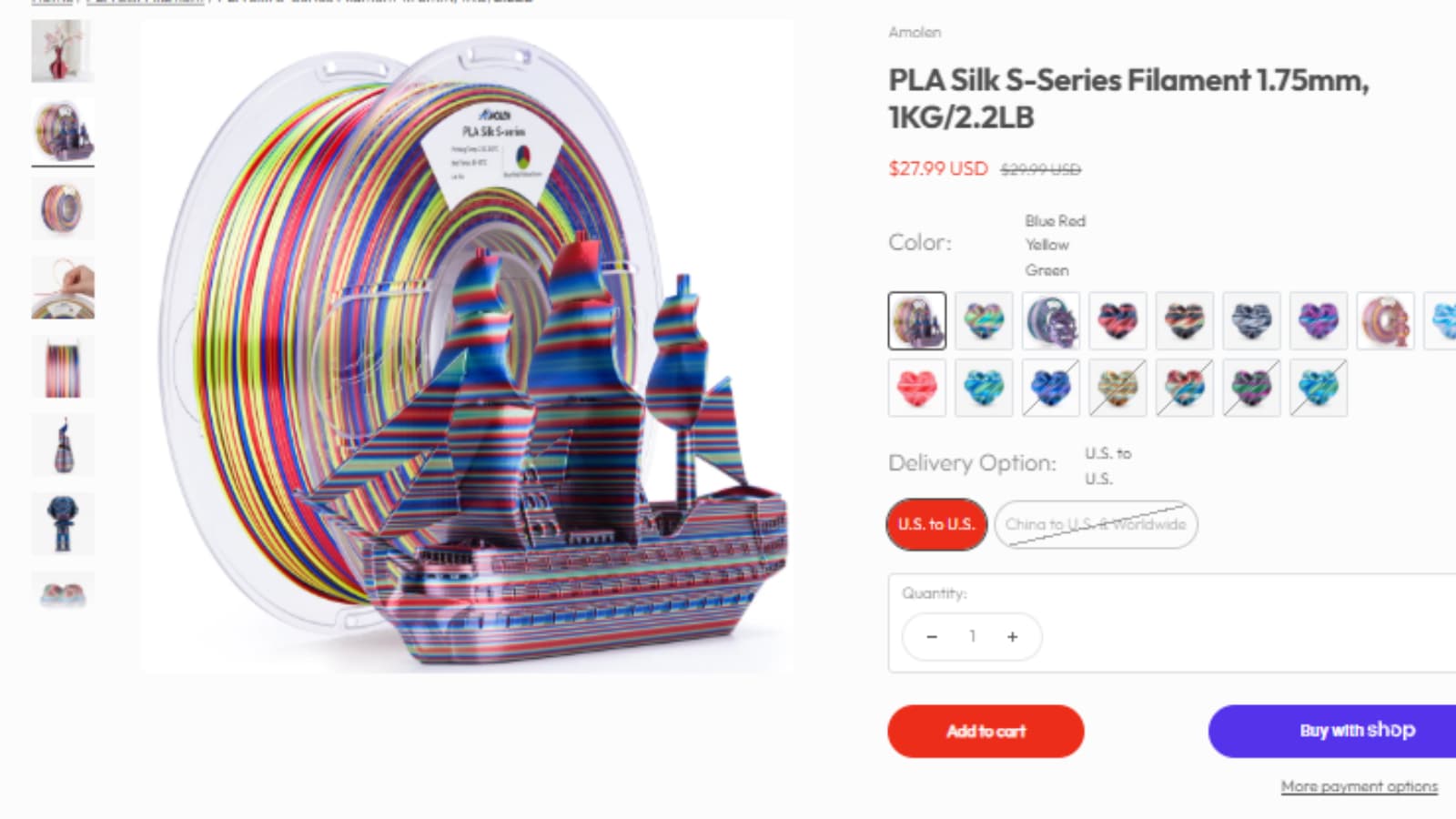Amolen PLA Silk S-Series Filament deal proof showing $27.99 sale price and $29.99 original price before NGUYENVANDINH coupon