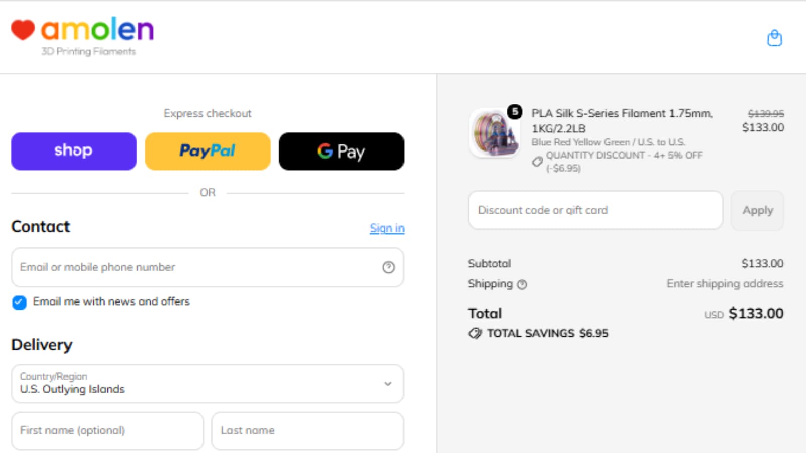 Amolen Bundle Deal proof showing 4 plus rolls get 5% off filament quantity discount