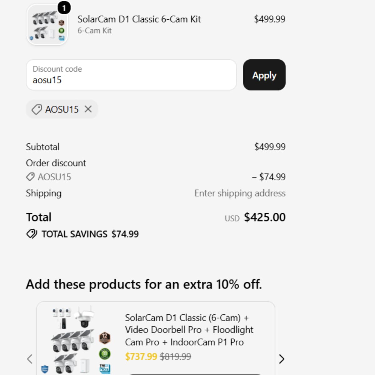 AOSU15 coupon code proof for SolarCam D1 Classic 6-Cam Kit