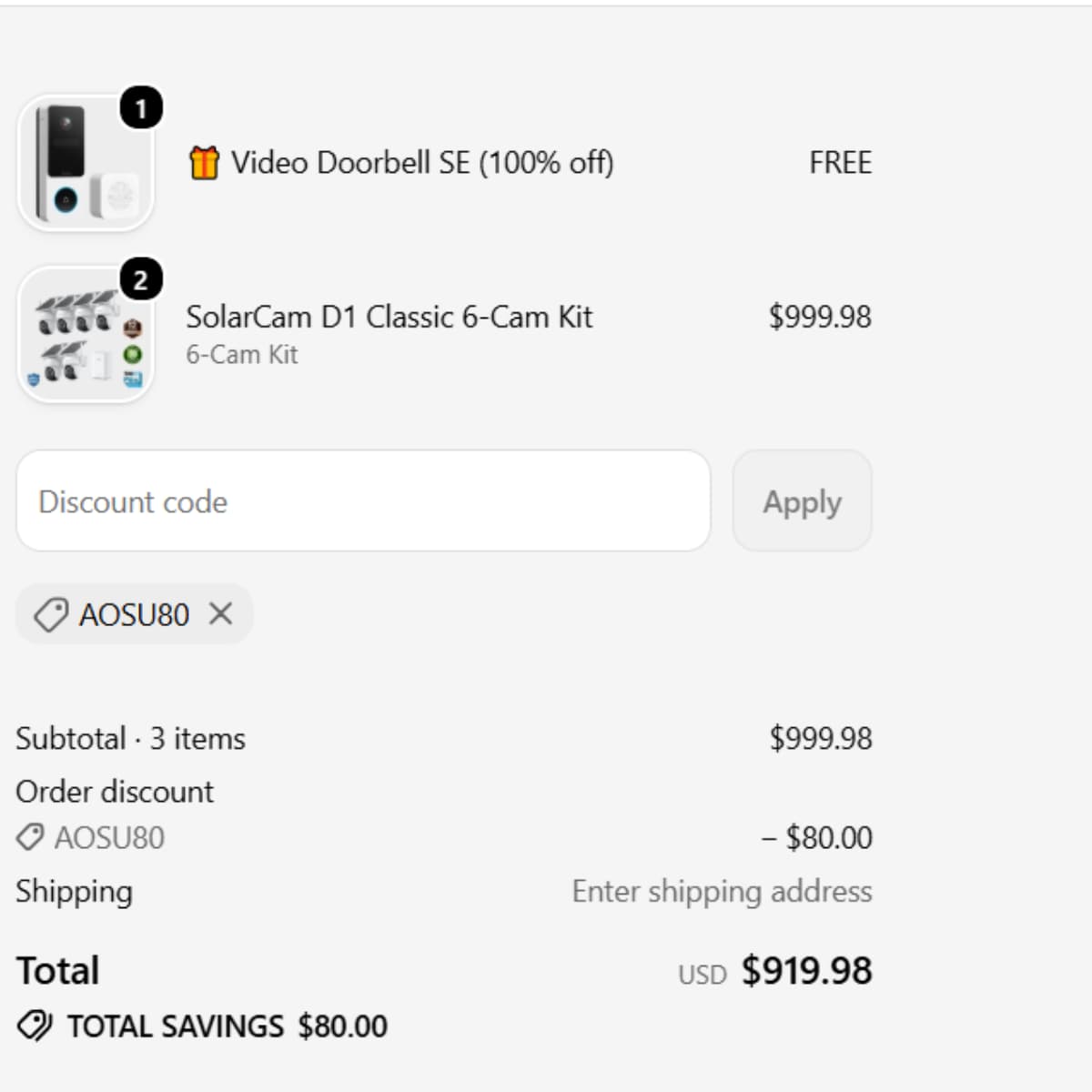 AOSU80 coupon code proof for AOSU high-cart order