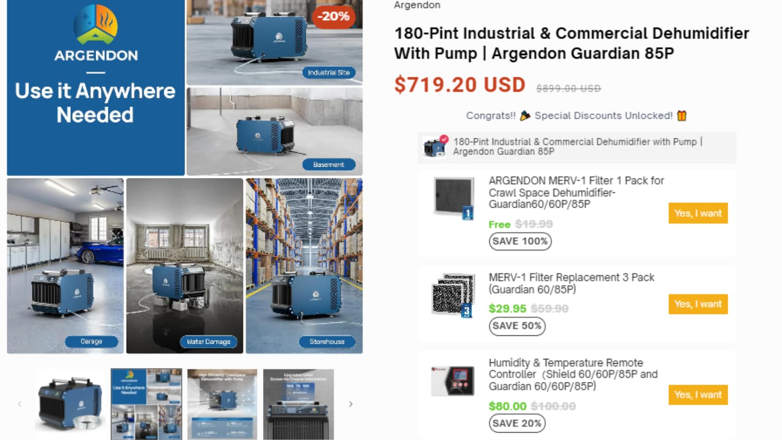Argendon Guardian 85P Save $179.80 commercial dehumidifier deal
