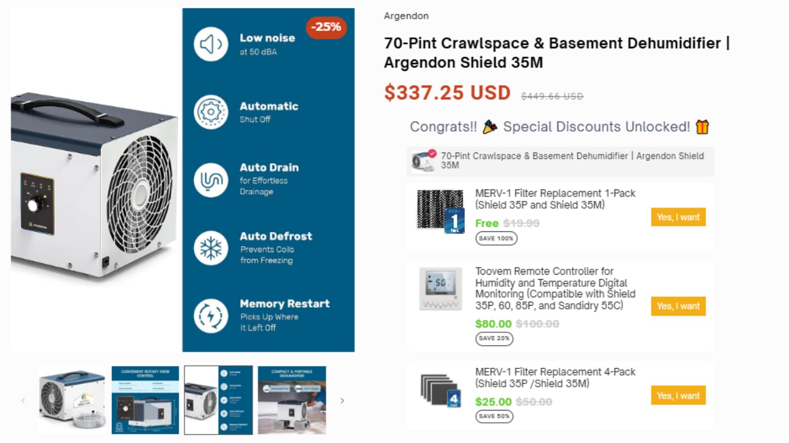 Argendon Shield 35M 25% Off crawlspace basement dehumidifier deal