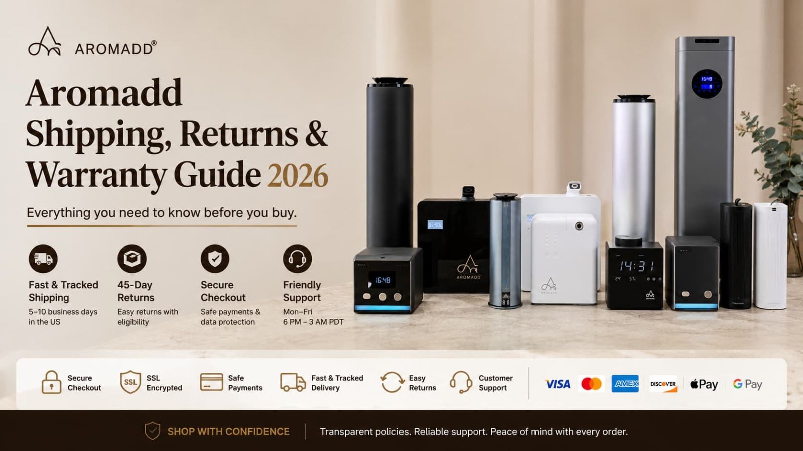 Aromadd shipping returns warranty guide hero