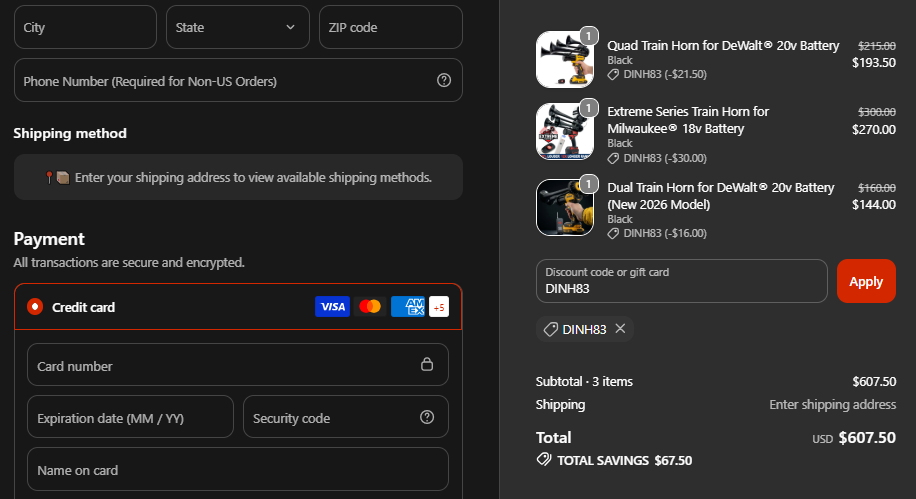 DINH83 BossHorn checkout proof showing three train horns with code applied