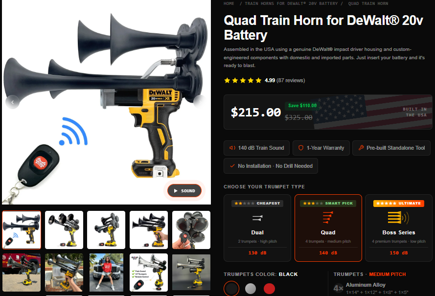 Quad Train Horn for DeWalt 20v Battery sale price proof