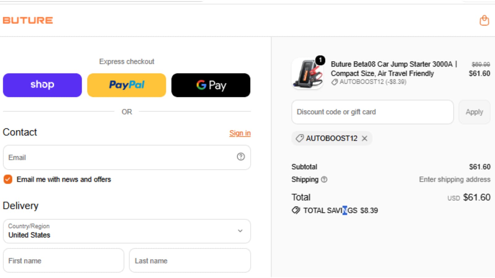 Buture AUTOBOOST12 Checkout Proof Buture AUTOBOOST12 coupon code checkout proof for 12% off Beta08 car jump starter